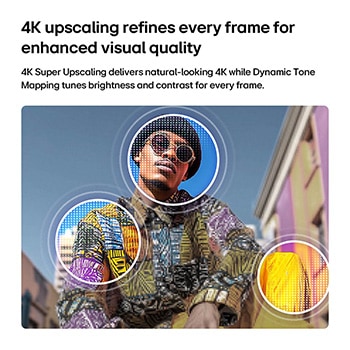 LG QNED AI QNED75 Mini LED with 4K Super Upscaling and Dynamic Tone Mapping shows a low-angle outdoor scene of a man between colorful buildings, as AI recognizes the scene and upscales each frame to 4K resolution.